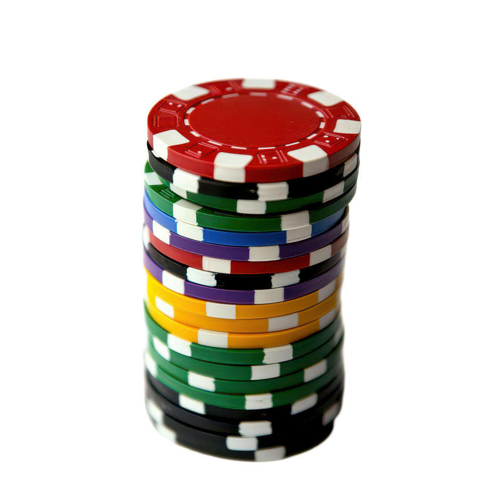 A vibrant stack of poker chips with a solitary red chip prominently displayed against a transparent background, a colorful stack poker chips with one chip standing out on the top png