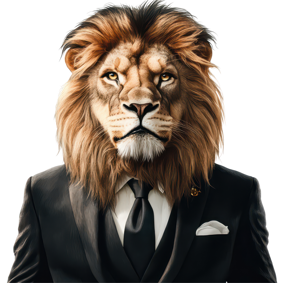 Assertive lion boss in a suit confidently poses against a transparent background for a striking corporate theme, Assertive Lion Boss in Suit on transparent background Conceptual Artwork png