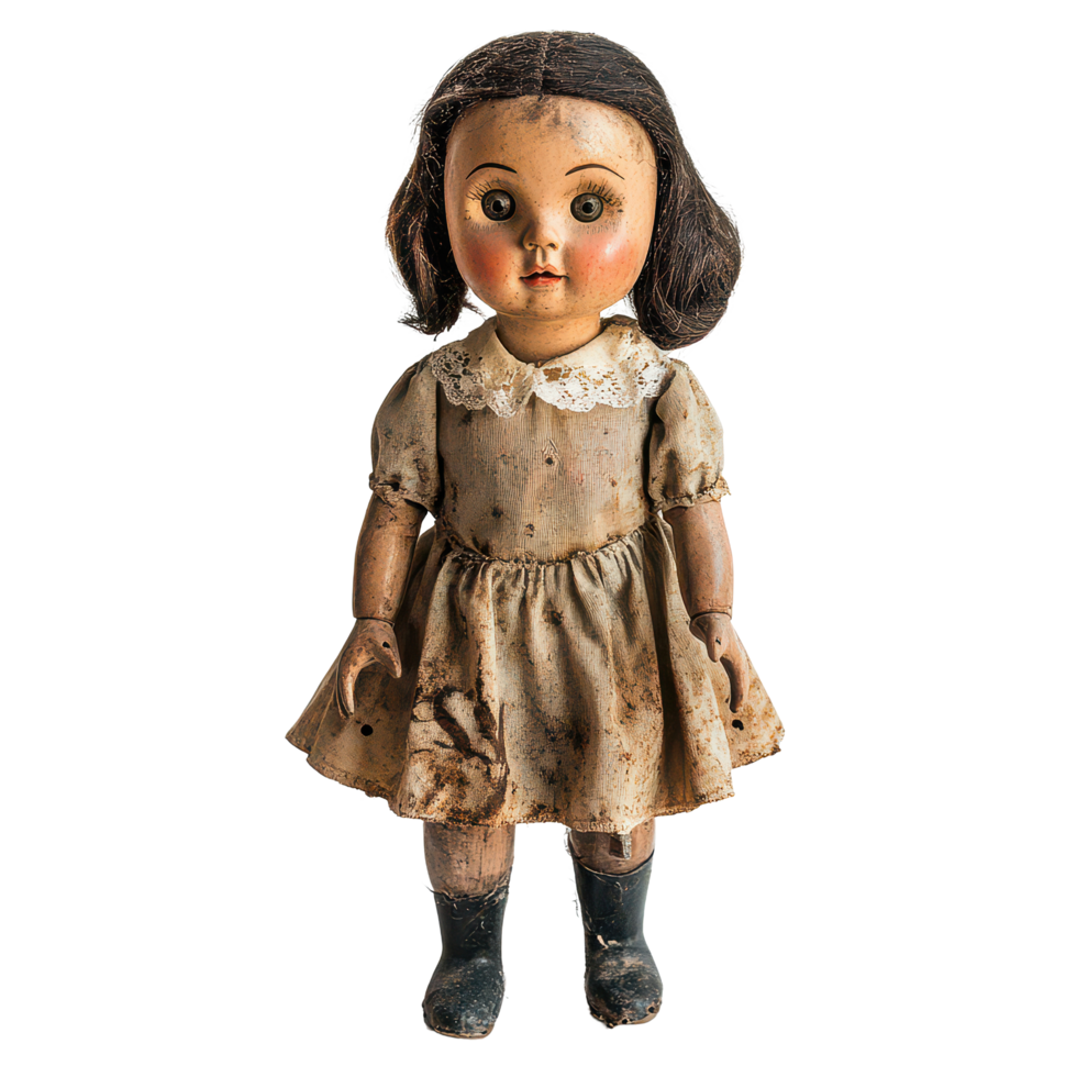 Abandoned vintage doll with a dusty dress and worn boots against a simple transparent background, abandoned standing old vintage doll on transparent background png