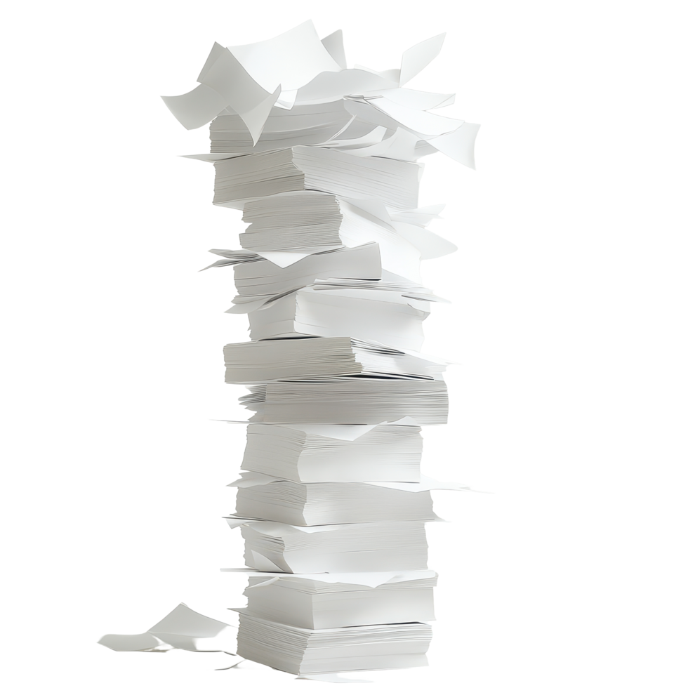 A tower of papers illustrating organized chaos in a minimalist workspace during daylight hours, A Tower Paper A Visual Metaphor for Organized Chaos, transparent background. png