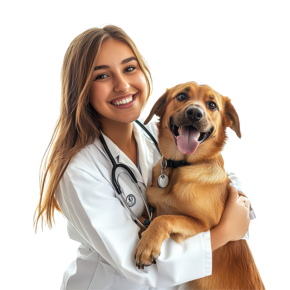 A young veterinarian lovingly holds a happy dog in a bright, clean setting, Beautiful young veterinarian with a dog on a transparent background png