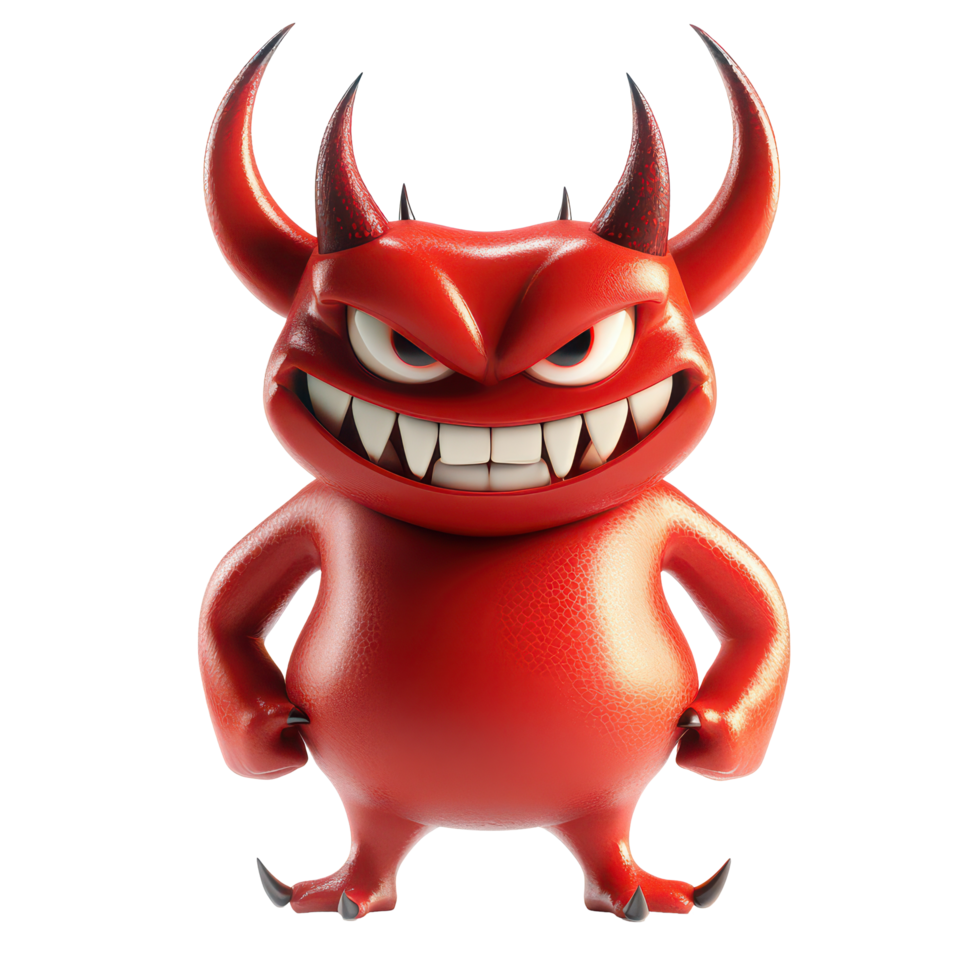 Cartoon devil character with mischievous expression standing confidently on a bright transparent background, 3D Cartoon Devil Characters on transparent background png