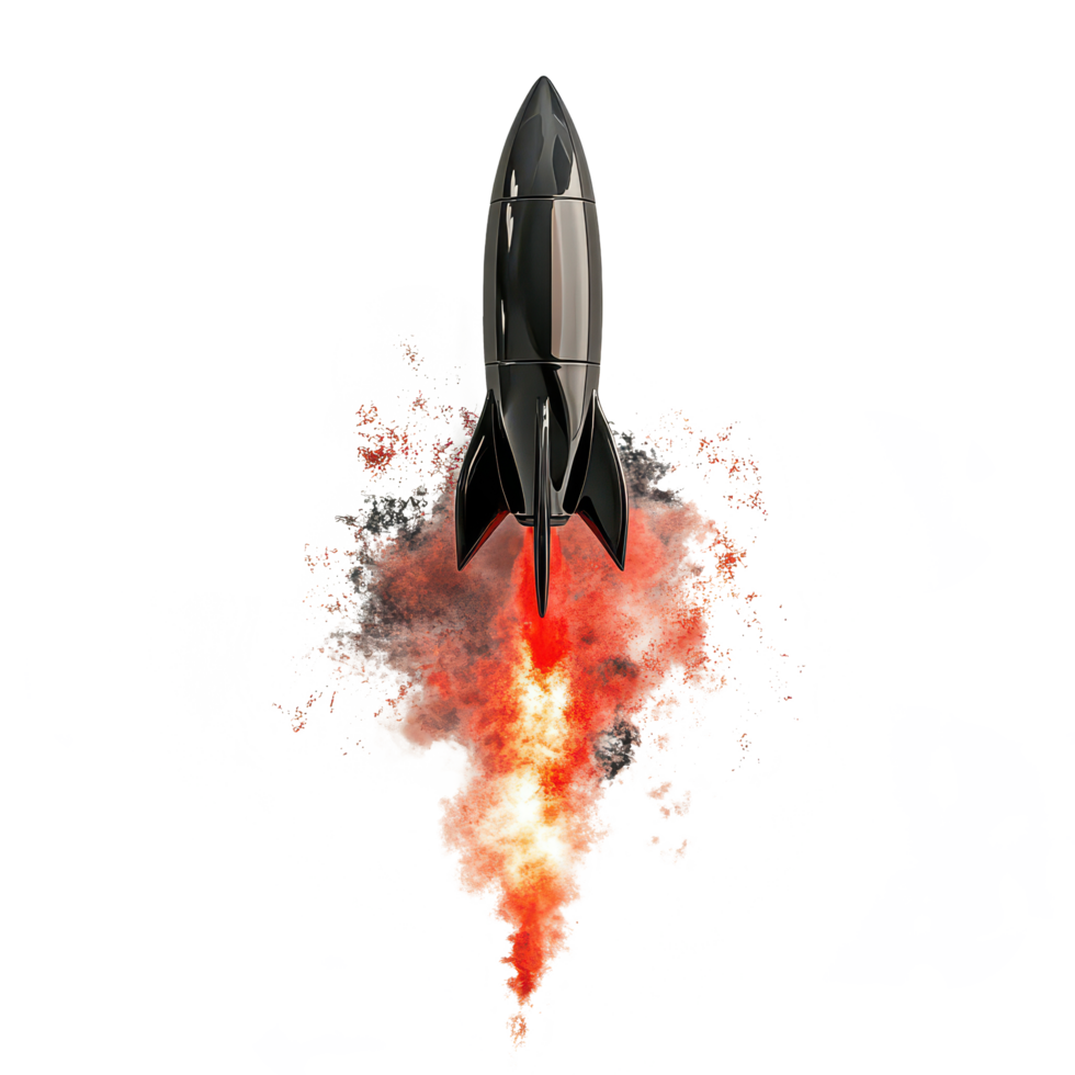 Black rocket launching with red tail flames and smoke billowing into the air during a dynamic aerospace demonstration, black rocket with a red tail and smoke coming out it, transparent background. png