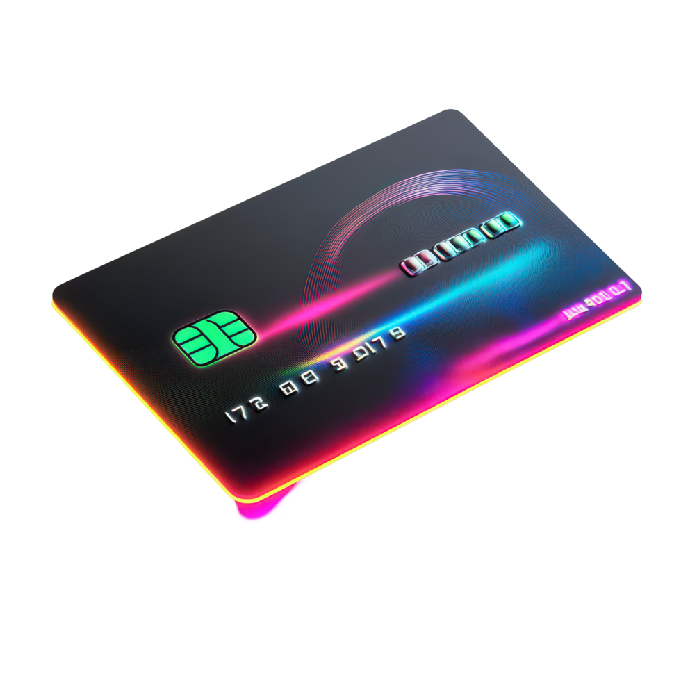 A modern bank card illuminated with dark neon lights against a transparent background showcasing sleek and futuristic design, Bank card with dark neon light effect transparent background png