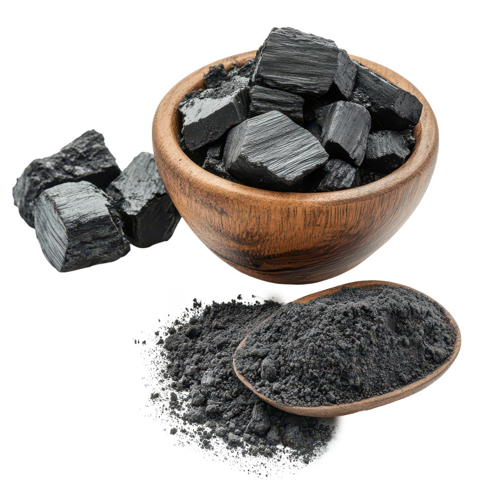 Activated charcoal and powder in wooden bowl and spoon on a transparent background for natural health uses, Activated charcoal and powder isolated on transparent background png