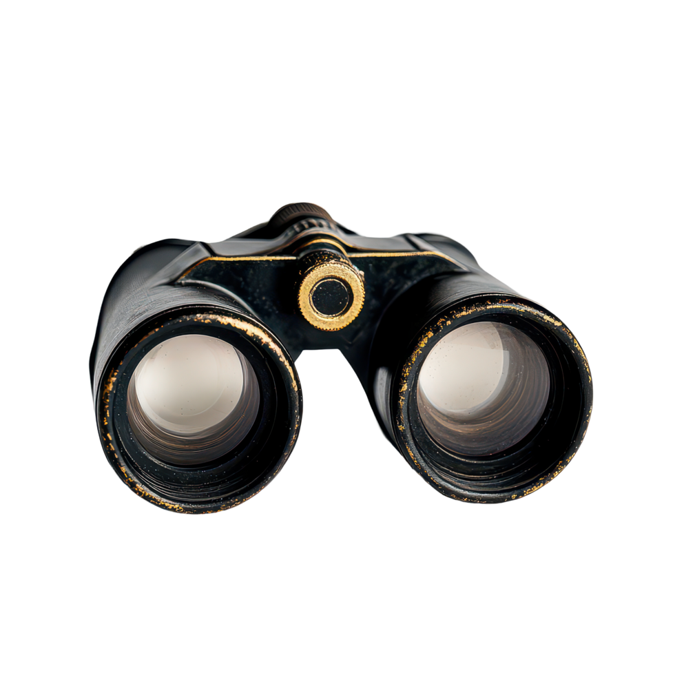 Black binoculars positioned on a transparent background, showcasing clear lenses and classic design against simplicity, Black Binoculars, transparent background. png