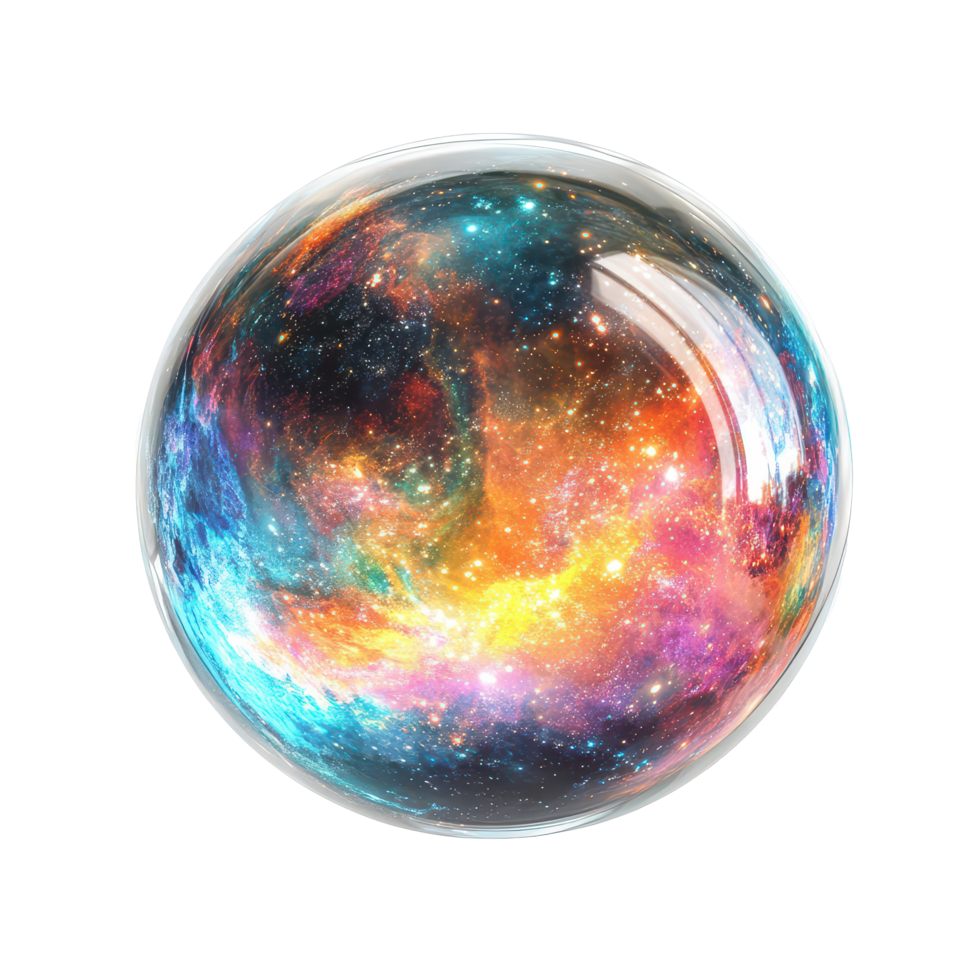 A colorful galaxy encapsulated within a sphere against a pristine transparent background, a sphere with a colorful galaxy inside, transparent background png
