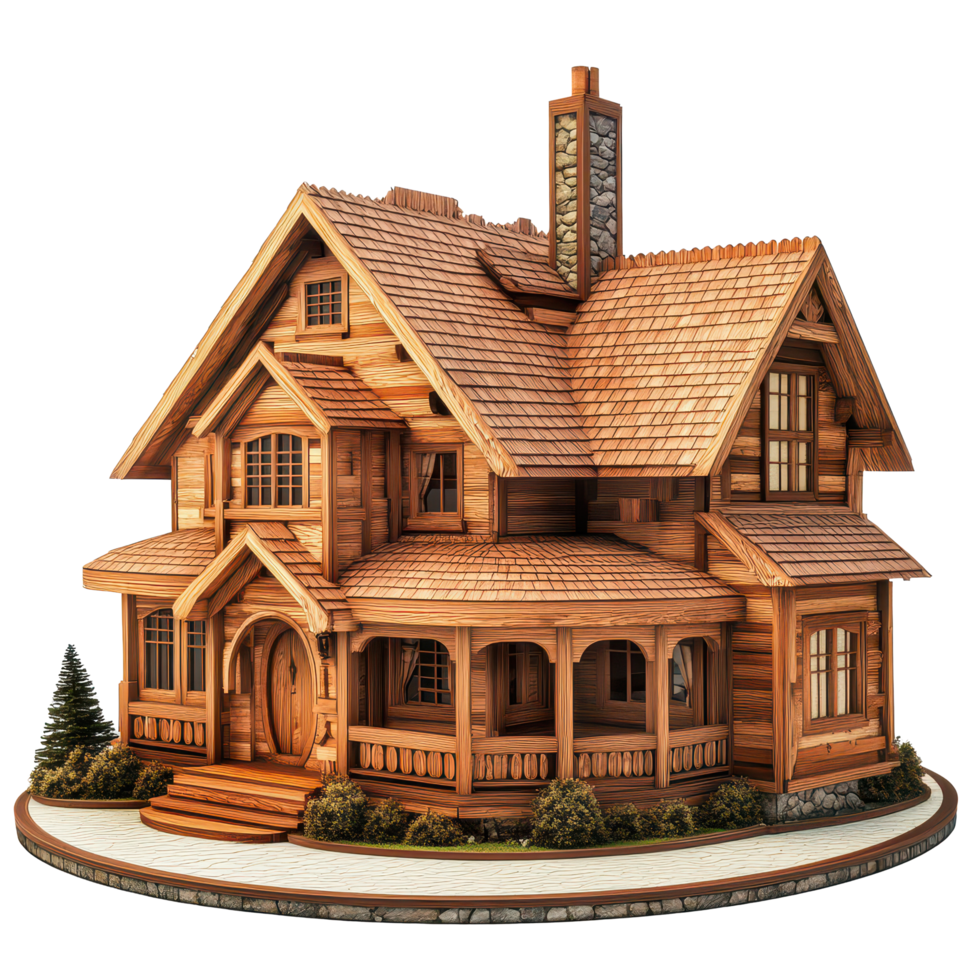 Luxurious wooden home with intricate architecture, situated on a serene, isolated landscape, Beautiful wooden luxury home on aisolated on transparent background png