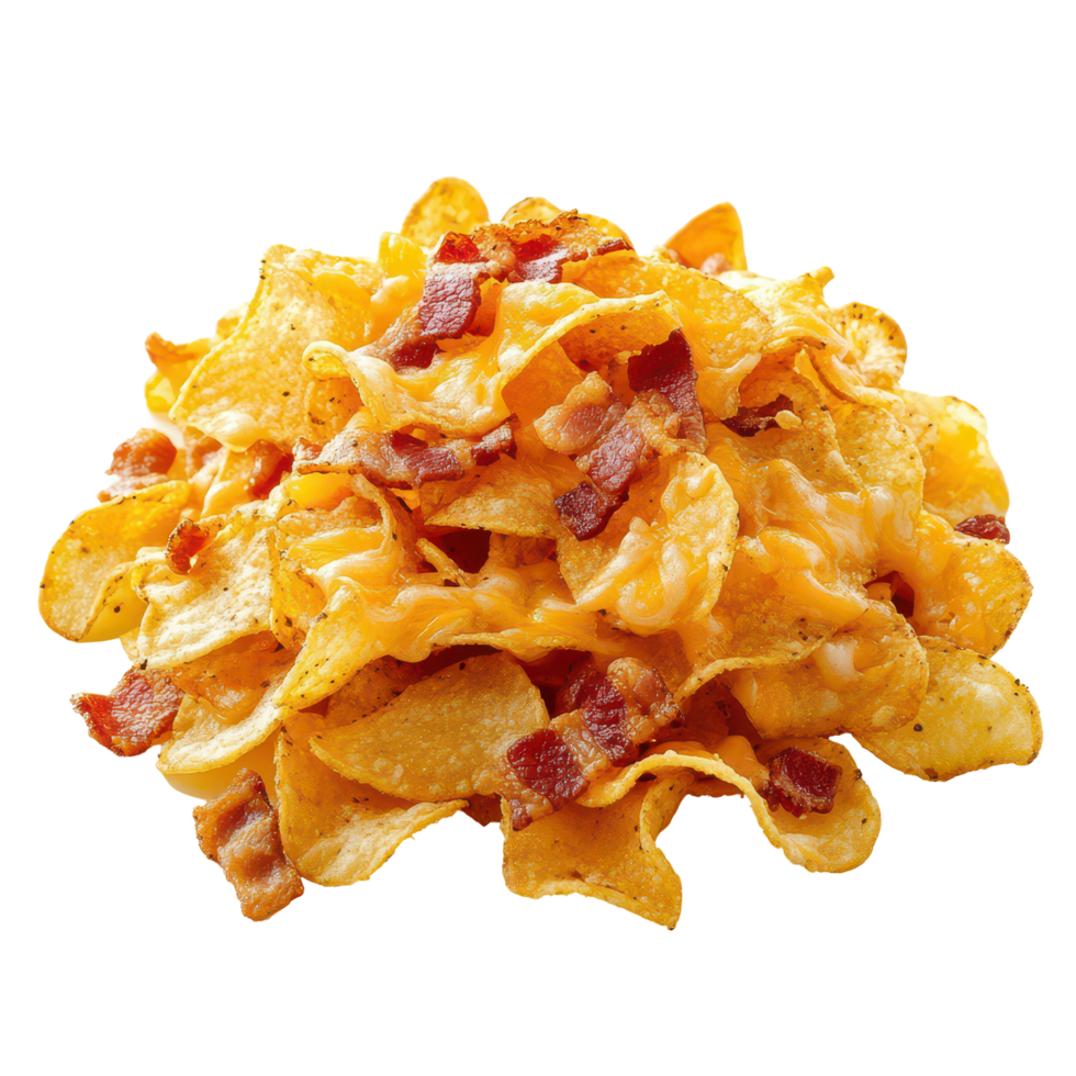 Delicious serving of crispy potato chips topped with melted cheese and crunchy bacon, perfect for snacking anytime, a serving potato chips with cheese and bacon, transparent background. png