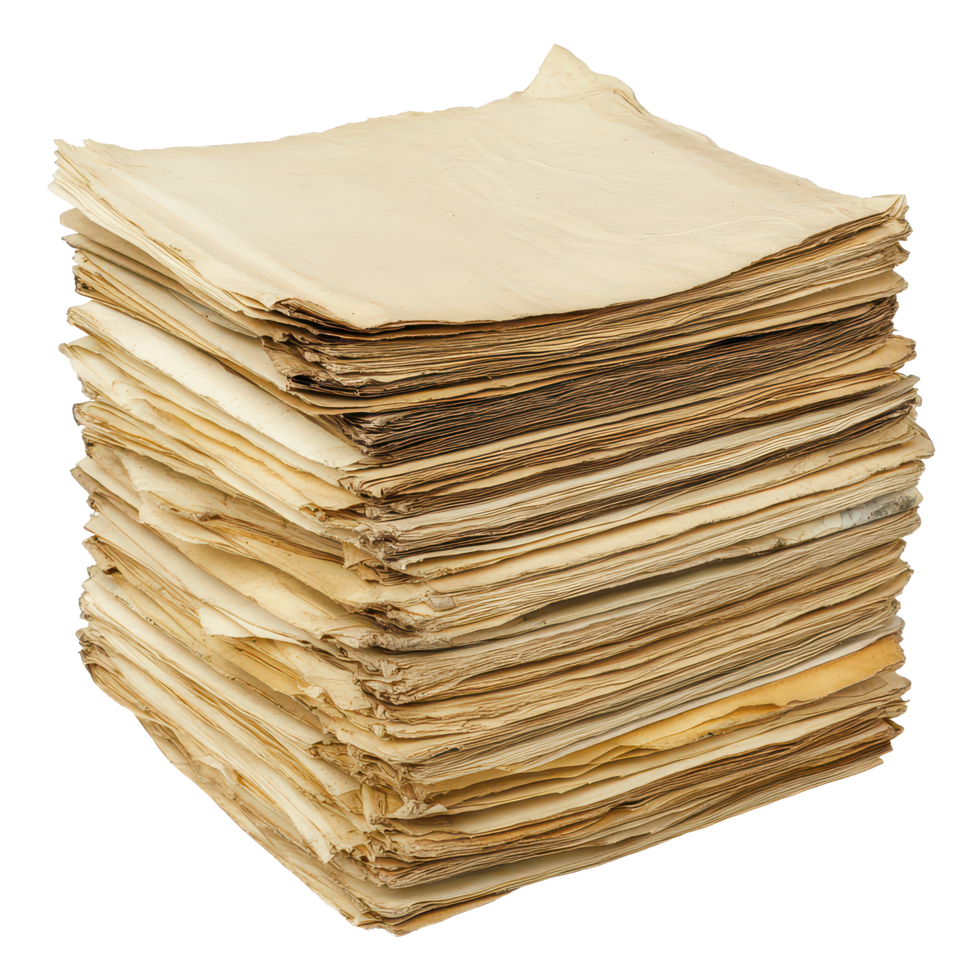 Stack of vintage papers with yellowed pages resting on a table in a cozy, nostalgic setting, Archive Stack Vintage Papers with Yellowed Pages, transparent background. png