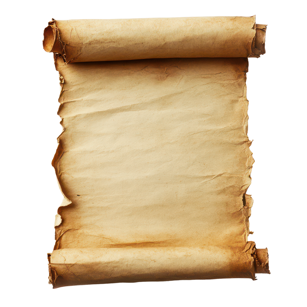 Aged paper scroll on a transparent background showcasing its worn edges and antique texture for artistic use, Aged Worn Paper Scroll, transparent background. png