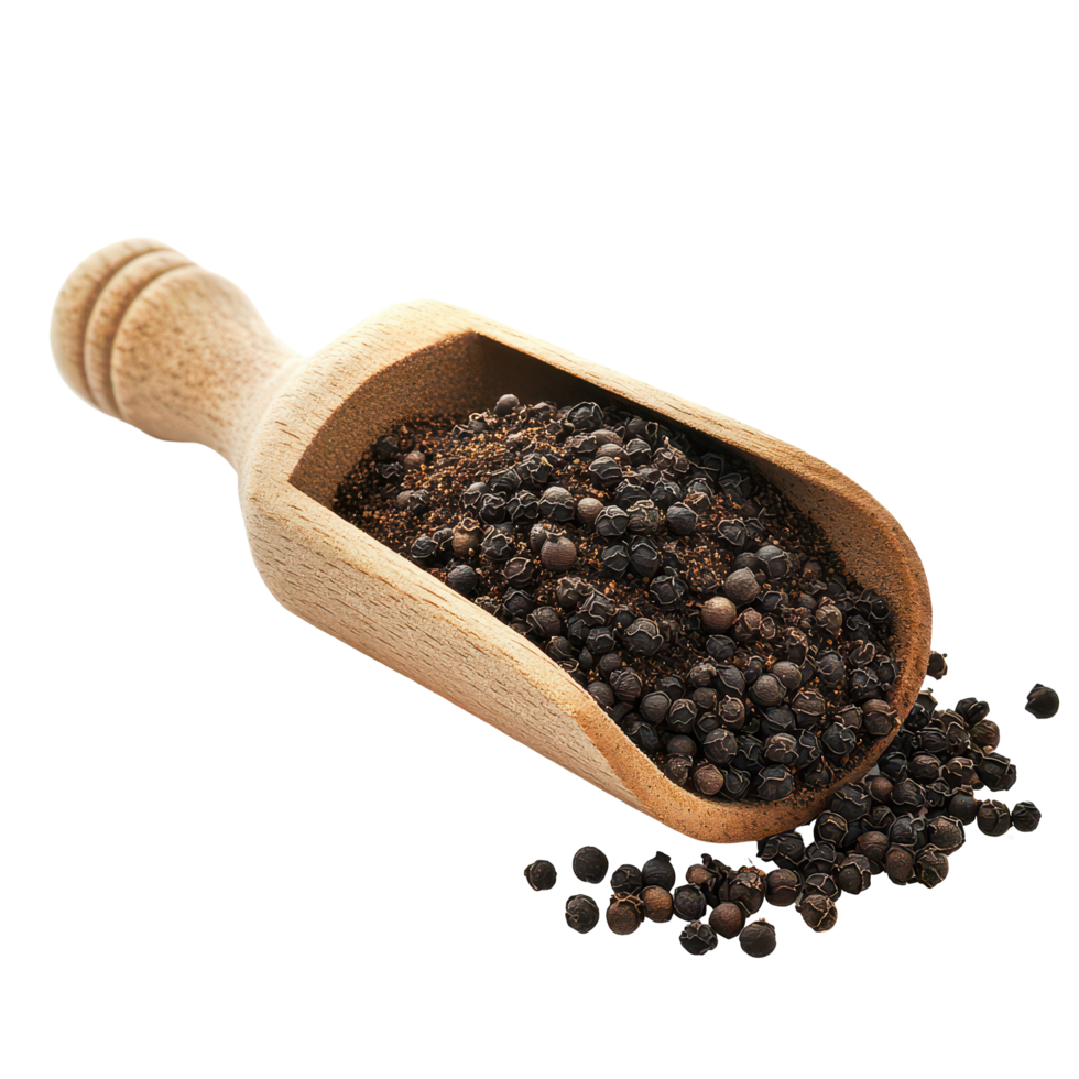 Black pepper powder in a wooden scoop showcasing its rich color against a clean transparent background, black pepper powder in wood scoop isolated on transparent background png