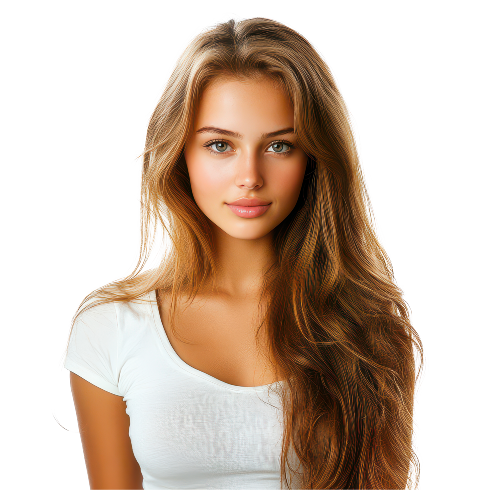 Beautiful young woman with flowing hair posing confidently against a transparent background in a simple top, Beautiful Young woman posing isolated on transparent background png