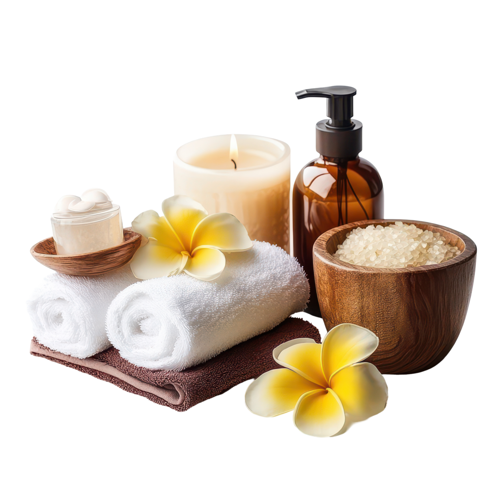 Relaxing spa setup featuring candles, towels, and natural beauty products on a transparent background, Beautiful spa composition on transparent background png