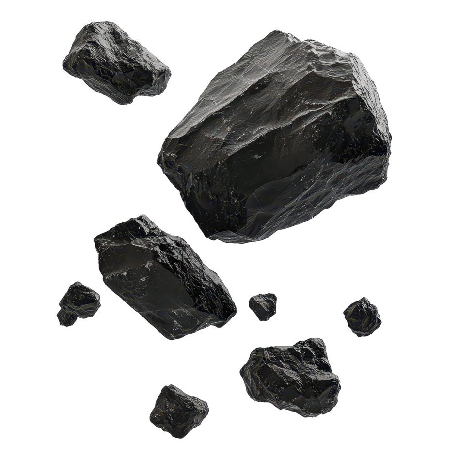 Black rocks levitating and flying in an isolated arrangement against a transparent background, black rocks falling levitating flying, isolated on transparent background png