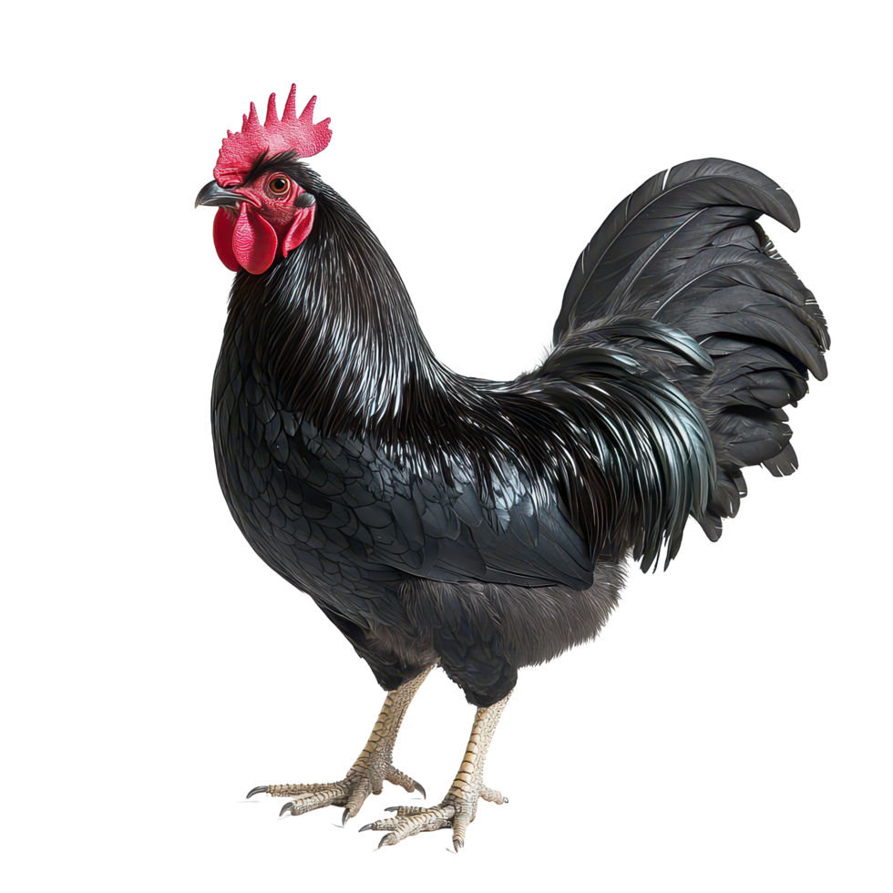 Black rooster standing proudly on a transparent background showcasing its glossy plumage and vibrant comb, Black Rooster Isolated on transparent background png