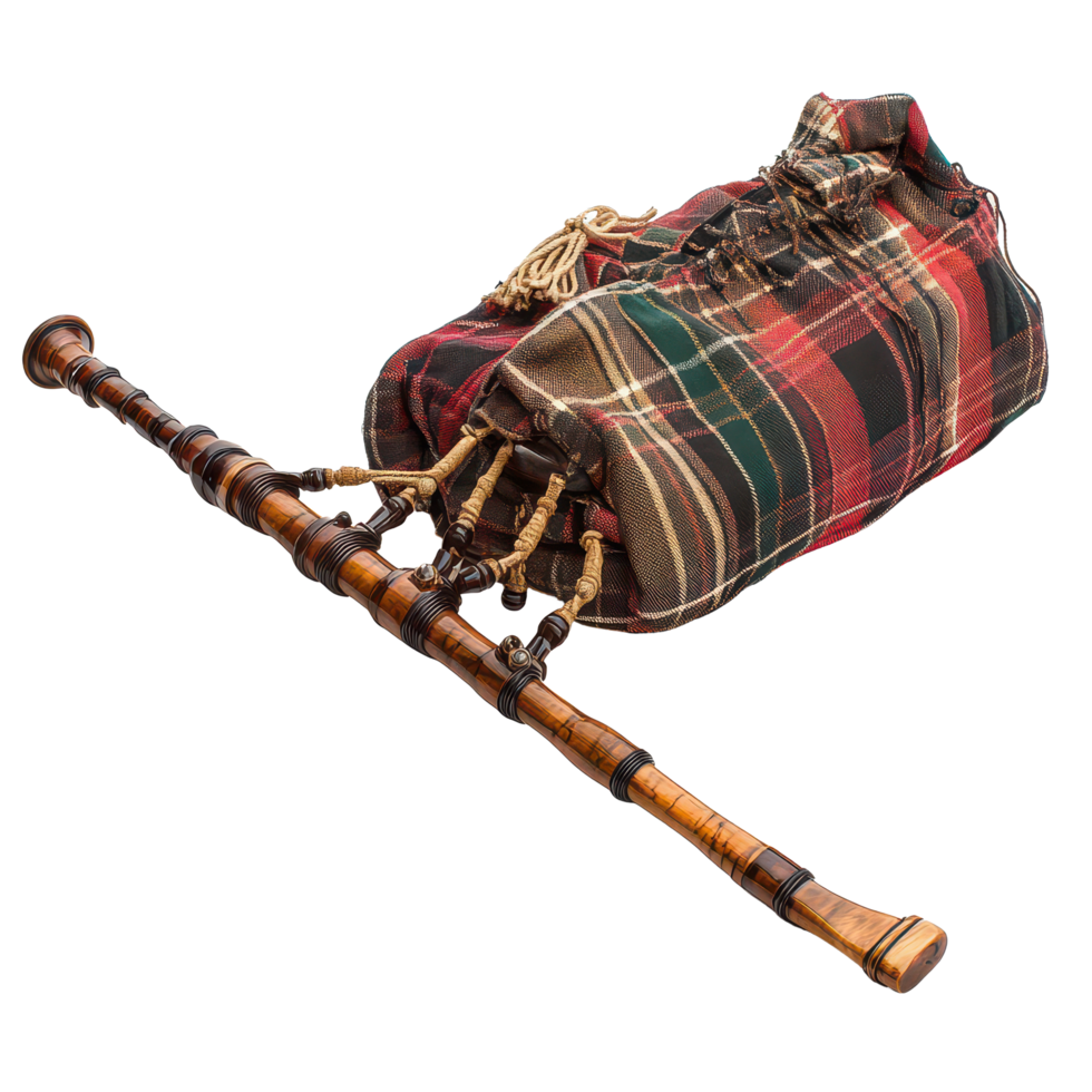 A beautifully crafted traditional Scottish bagpipe with a tartan bag, showcasing Scotland's rich musical heritage, a traditional Scottish bagpipe with a tartan bagpipe bag, transparent background. png