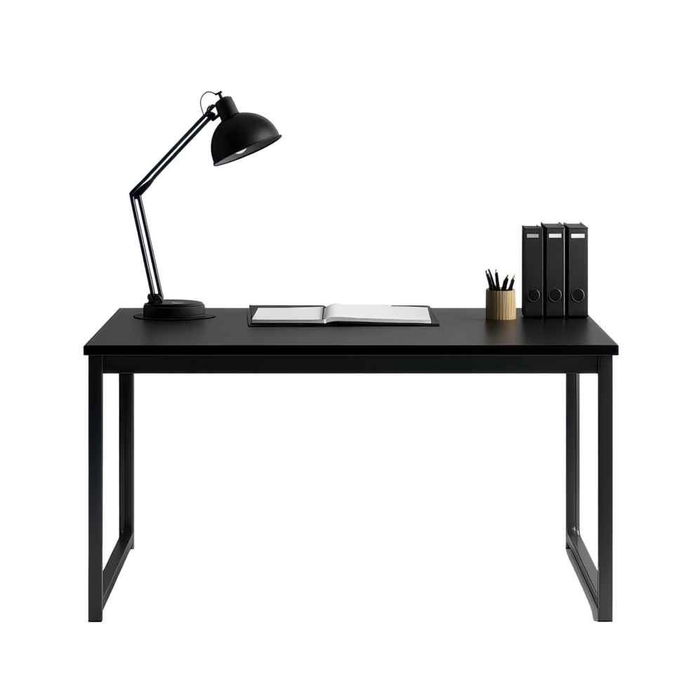Modern black office desk with lamp, books, and stationery on a transparent background, Black office desk with lamp table isolated on transparent background png
