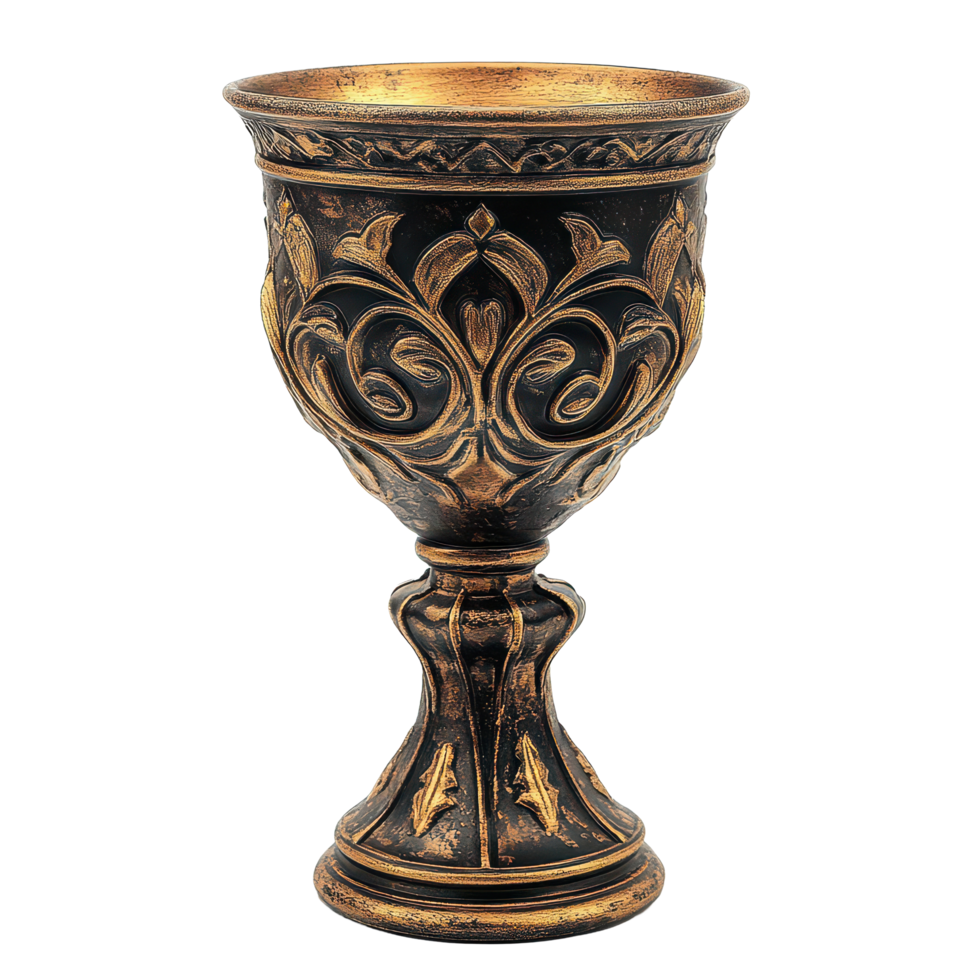 Ancient ornate trophy with intricate gold design, symbolizing victory and craftsmanship from a bygone era, Ancient-Looking Trophy with Ornate Design and Gold Color, transparent background. png