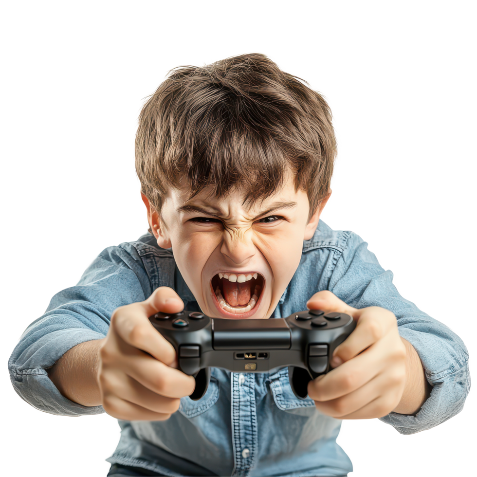 Frustrated child intensely plays game while gripping controller tightly in a bright indoor setting, Angry Kid Holding Controller Playing Game on transparent background png