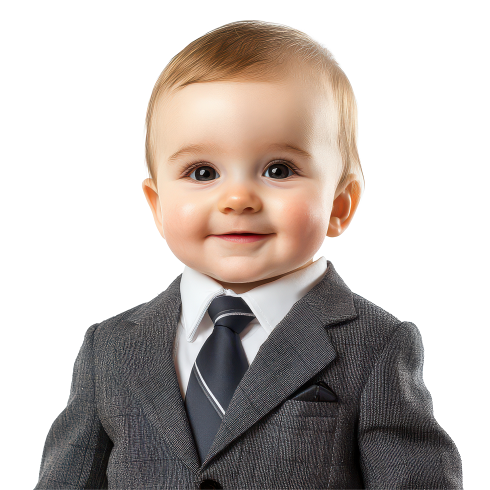 Adorable baby boy dressed in a business suit against a bright transparent background exuding confidence and charm, baby boy dressed as a business man on transparent background png