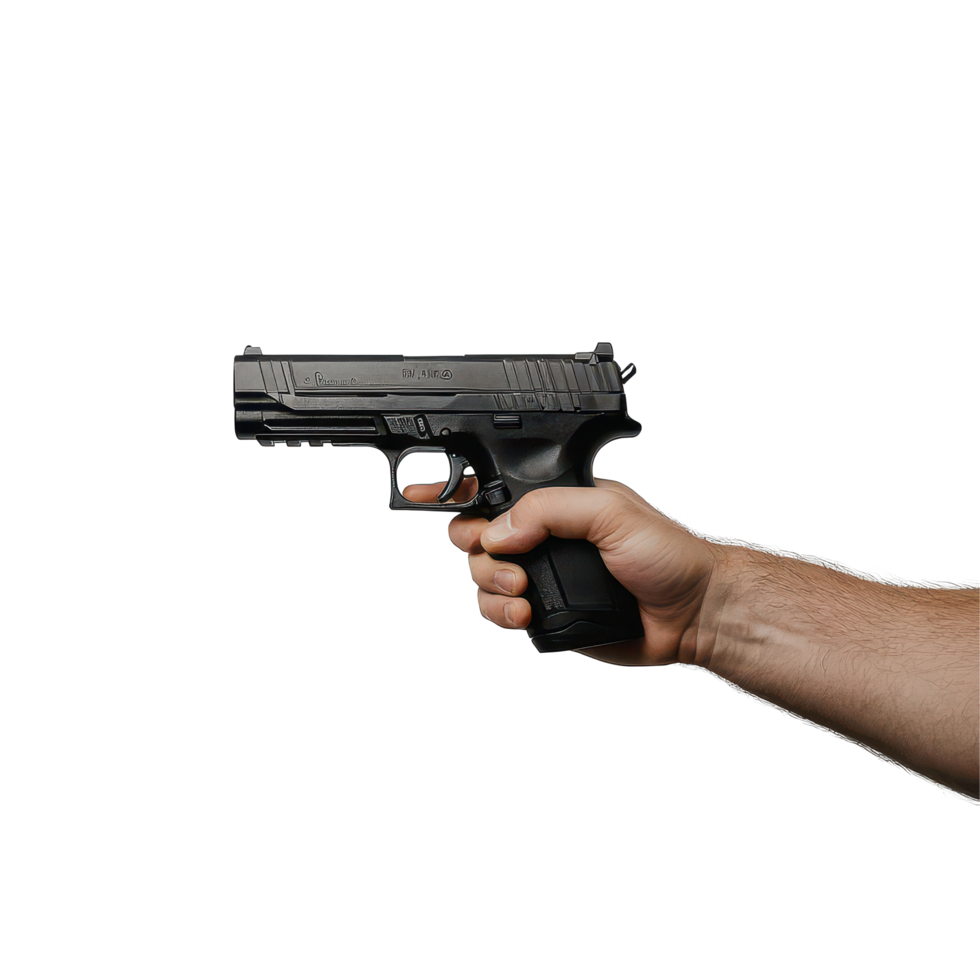 A hand firmly grips a black gun with a smooth finish against a plain backdrop, A hand holding a black gun on a transparent background png