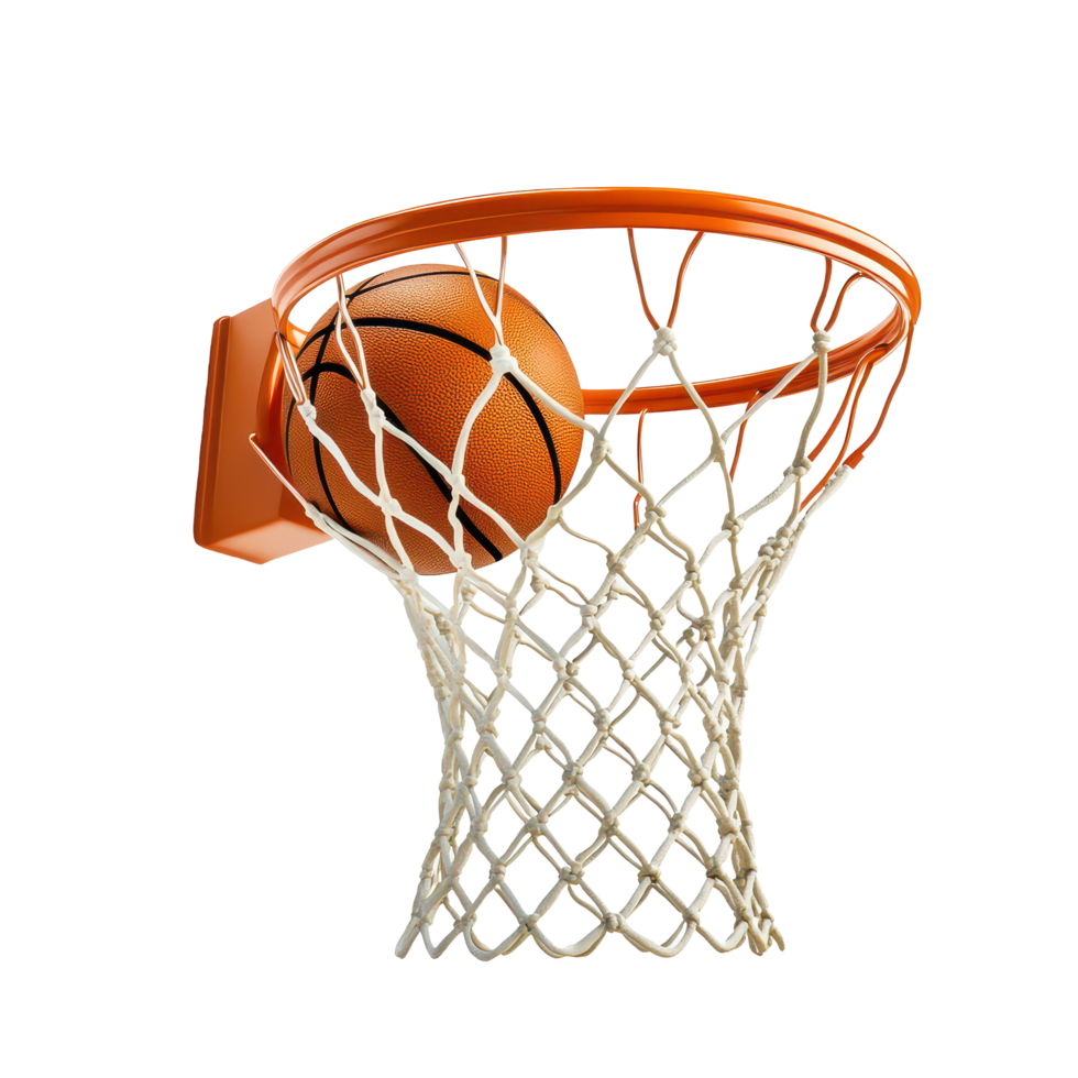 A basketball swooshes through the net of a hoop during an exciting moment in a game on the court, basketball going through the net a basketball hoop, transparent background. png