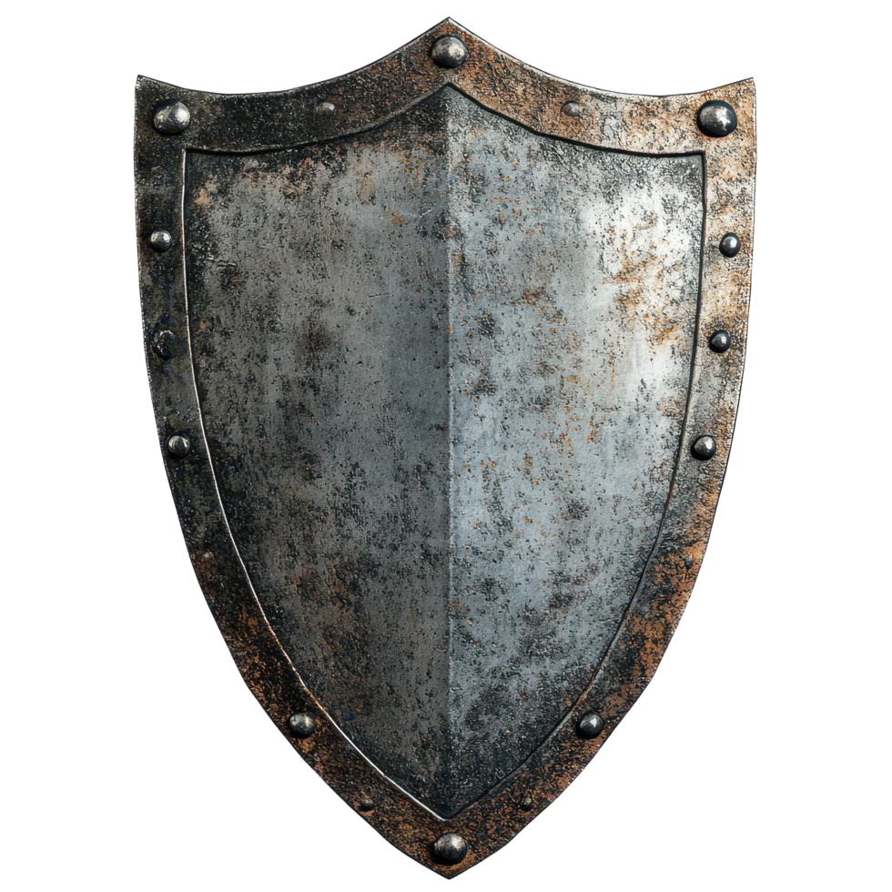 Antique-looking steel shield with rivets on a transparent background, showcasing historical craftsmanship and design details, Antique-Looking Steel Shield with Rivets, transparent background. png