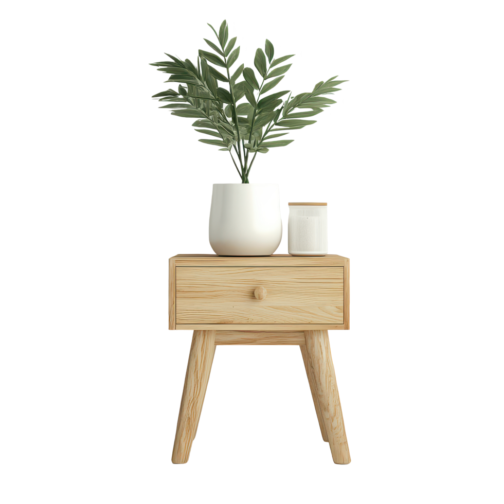 Cozy bedroom corner featuring a nightstand with a potted plant and calm decor for a relaxing atmosphere, Bedroom ting with Potted Plant and Nightstand on transparent background png