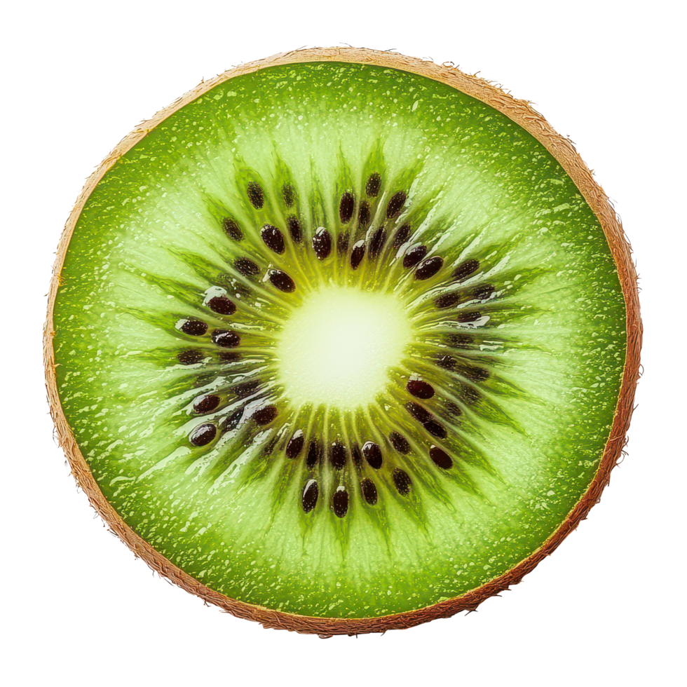 Fresh slice of kiwi fruit isolated on a clean transparent background showcasing vibrant green pulp and tiny black seeds, Beautiful slice kiwiisolated on transparent background png