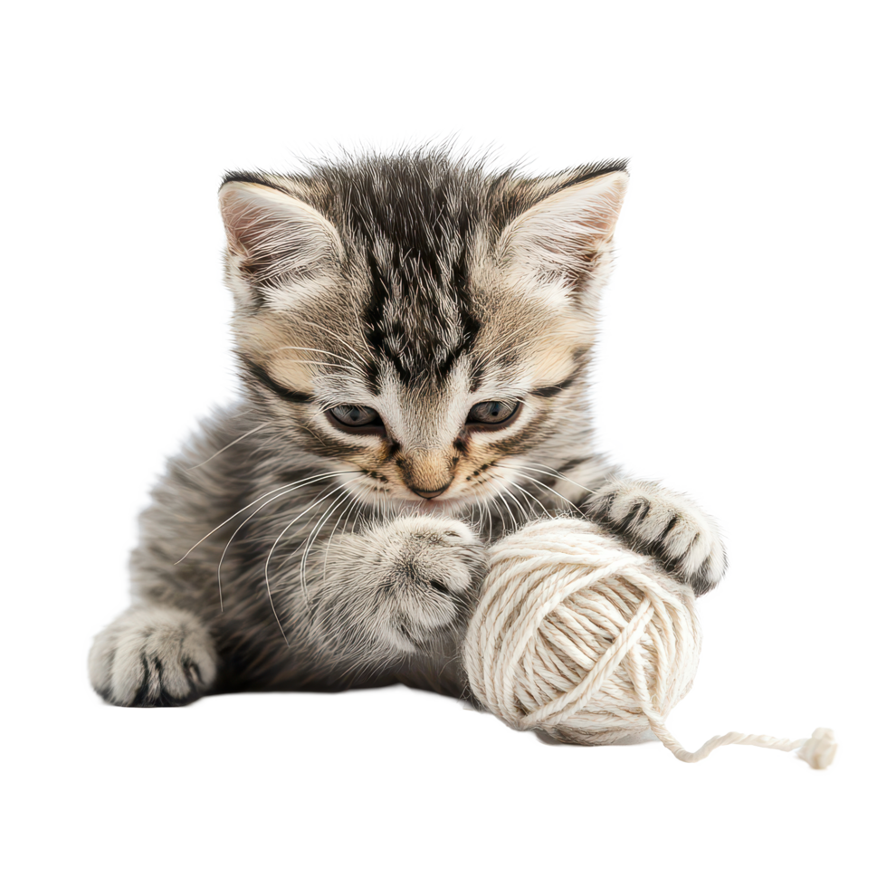 Curious kitten playfully interacts with a ball of yarn on a bright transparent background, a kitten playing with a ball yarn, transparent background png