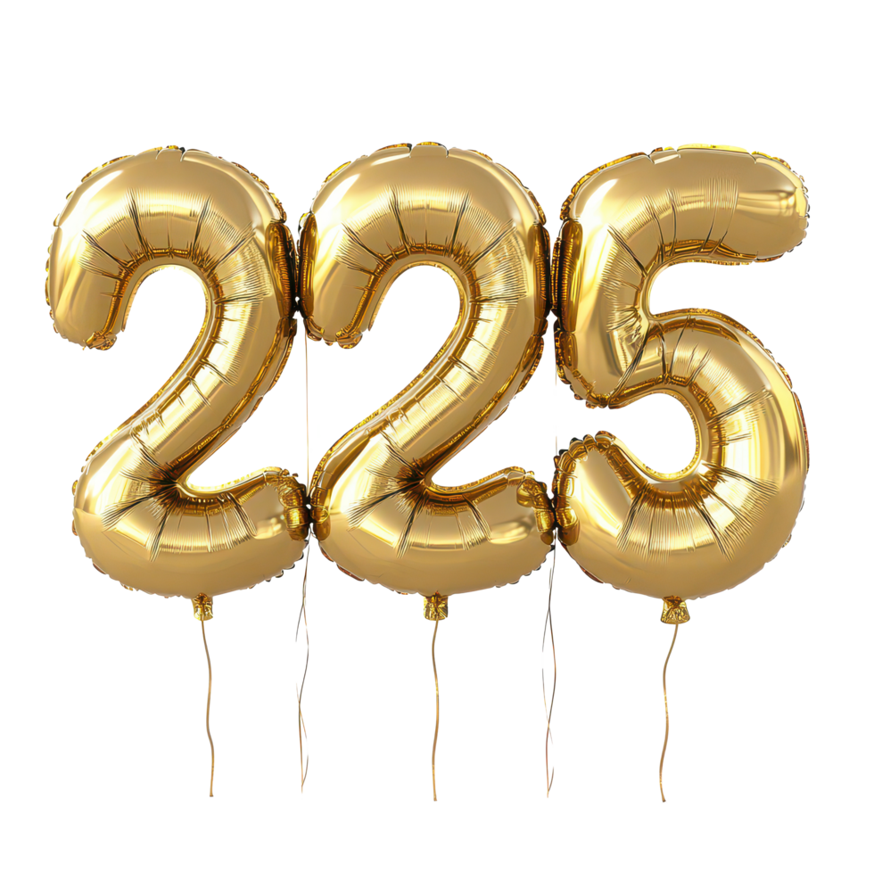 Celebrate the New Year with golden balloons shaped as two, two, and five for a festive atmosphere, 3D Gold Balloons Shaped as 2025 for New Year Celebration on transparent background png