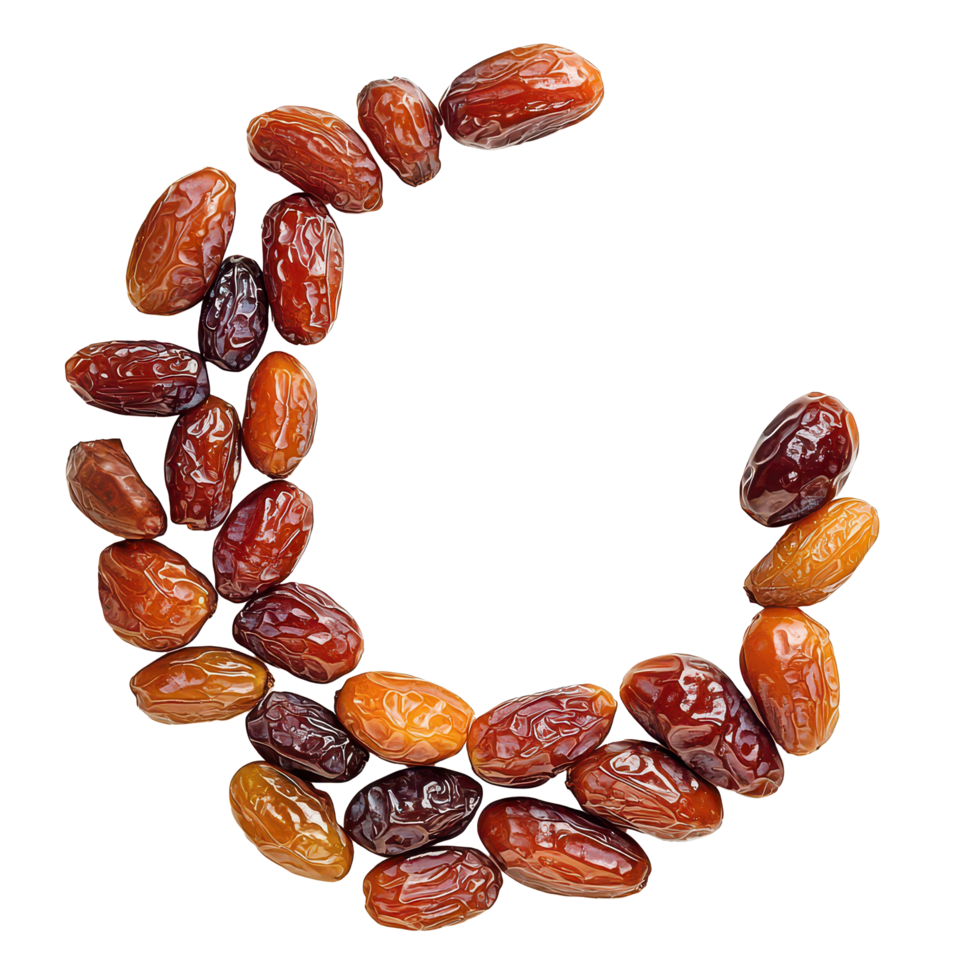 Arabian dates arranged in a crescent moon shape, showcasing their natural beauty and rich colors on a transparent background, Arabian dates fruit arranged in shape crescent moon png