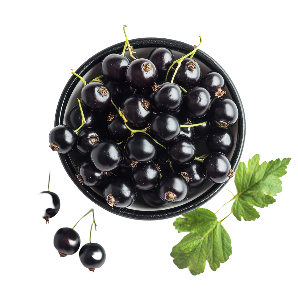 Bengal currant berries in a dark bowl surrounded by fresh green leaves on a transparent background, Bengal Currant on transparent background png