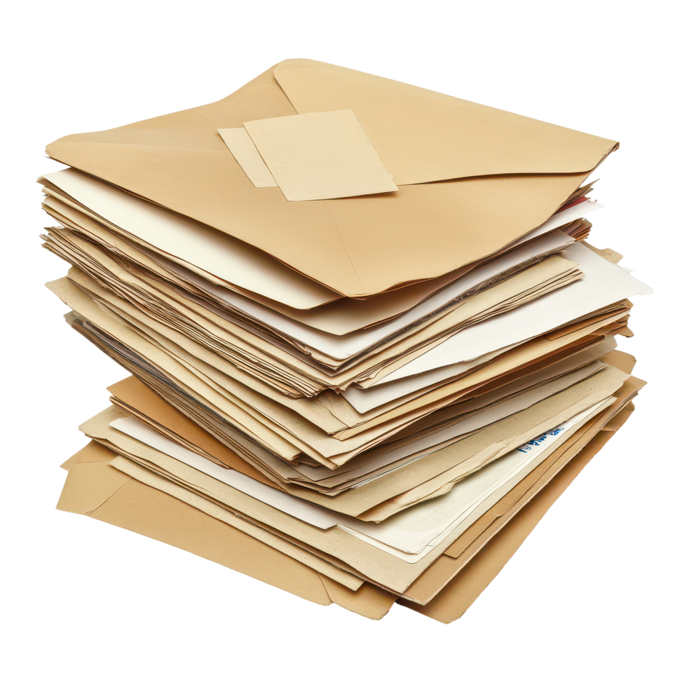 A tall stack of envelopes filled with bills and correspondence sits isolated against a transparent background, Bills envelopes stack isolated mails correspondence mail png