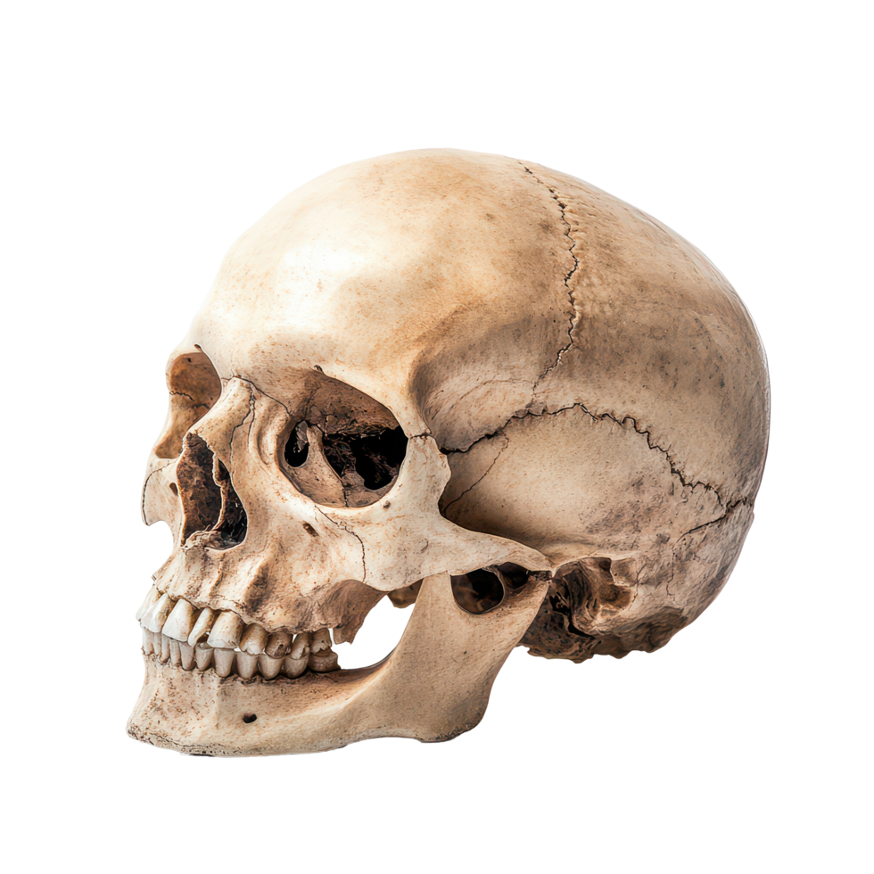 A detailed human skull isolated against a plain transparent background showcasing its anatomical features, A Human Skull Isolated on a transparent background png