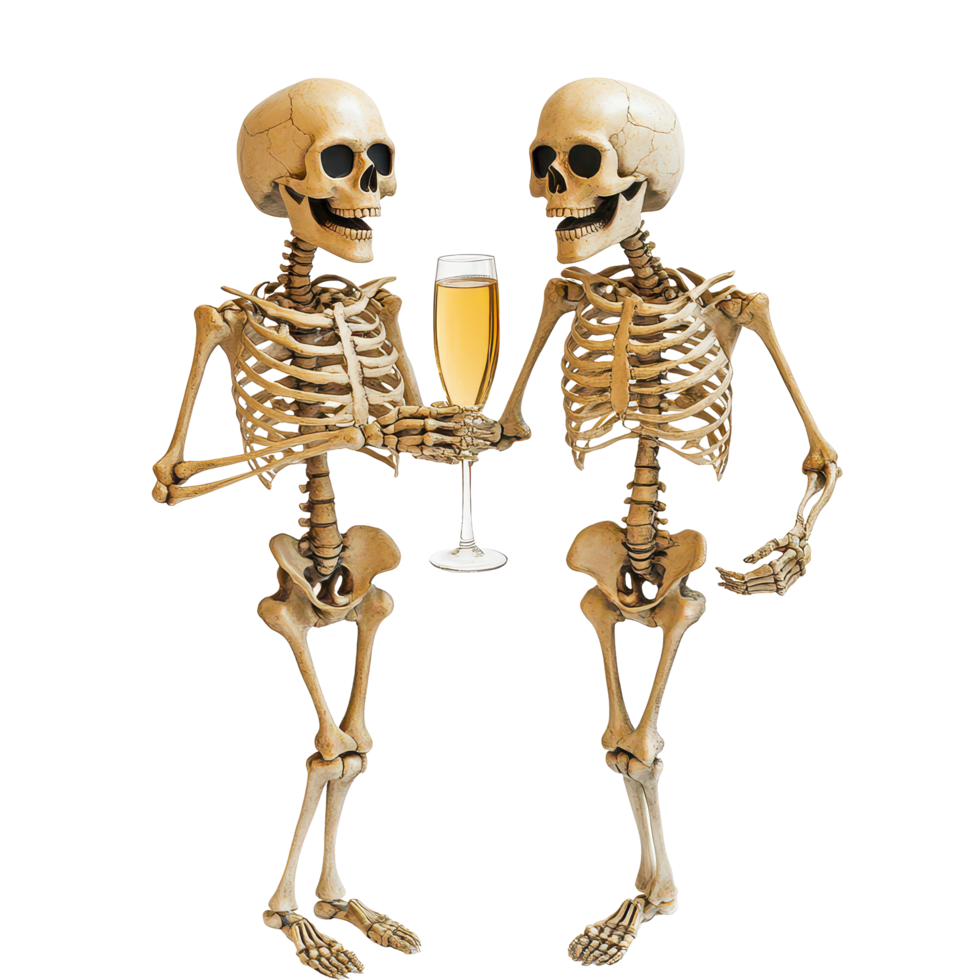 Celebrate the New Year with cheerful skeletons toasting with champagne in December, 31 December - New Year's Eve Skeletons with Champagne on transparent background png