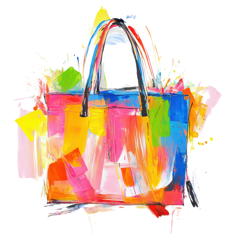 A vibrant painting of a shopping bag on a transparent background showcasing bright colors and playful design elements, a painting a shopping bag, transparent background. png