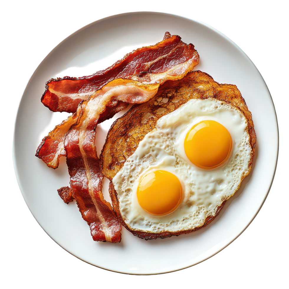 Enjoy a hearty big breakfast featuring eggs and crispy bacon on a clean plate, Big Breakfast, with egg and bacon, transparent background. png