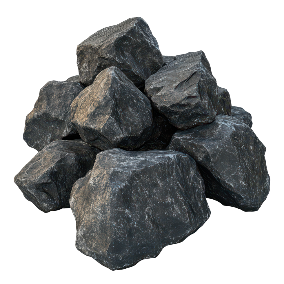 Black rocks piled together on a plain transparent background with natural textures and details captured in daylight, big black rocks isolated on transparent background png