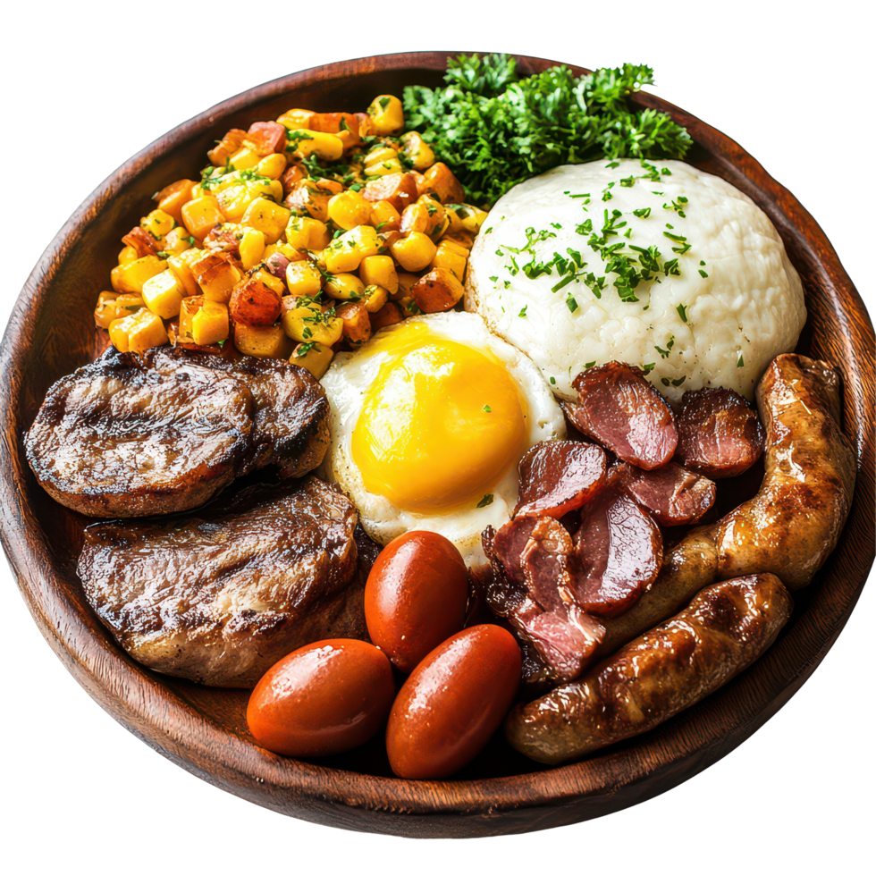 A delicious bandeja paisa served on a rustic wooden platter with a variety of traditional Colombian flavors, bandeja paisa transparent background png