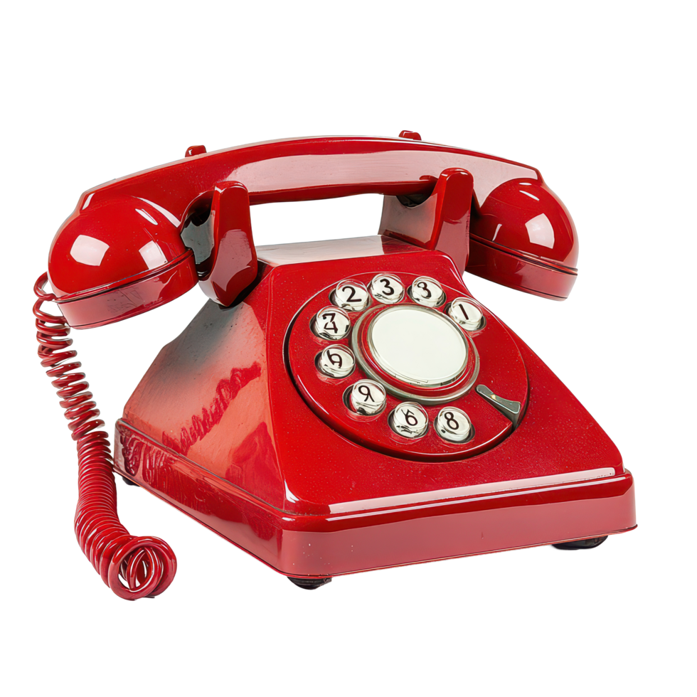 This classic red rotary telephone boasts a nostalgic design