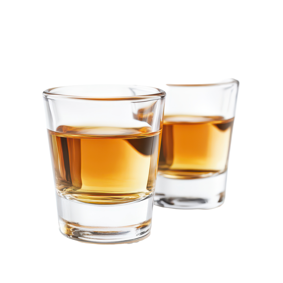 Two shot glasses filled with amber liquor isolated on a transparent background for a clean and elegant presentation, Alcohol in Shot Glasses Isolated, transparent background. png