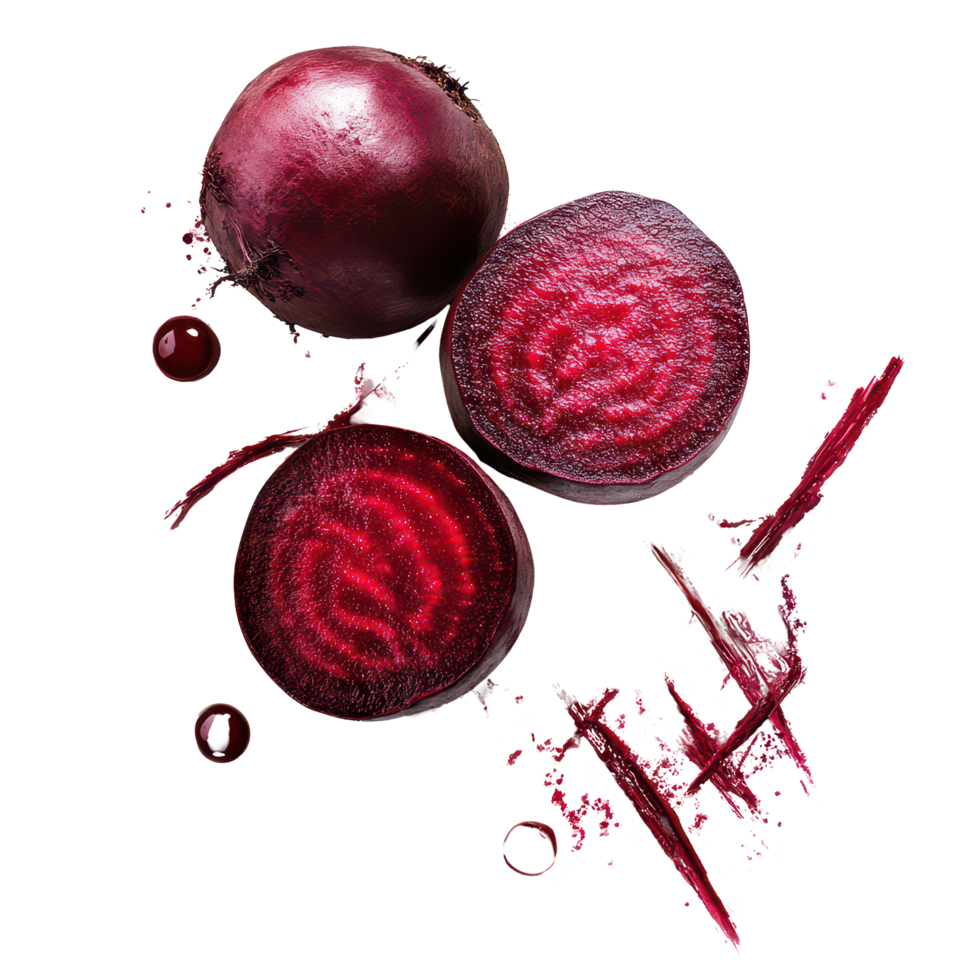 Fresh beetroot cut in half and displayed on a transparent background, showcasing vibrant internal color and texture, Beetrootisolated on transparent background png