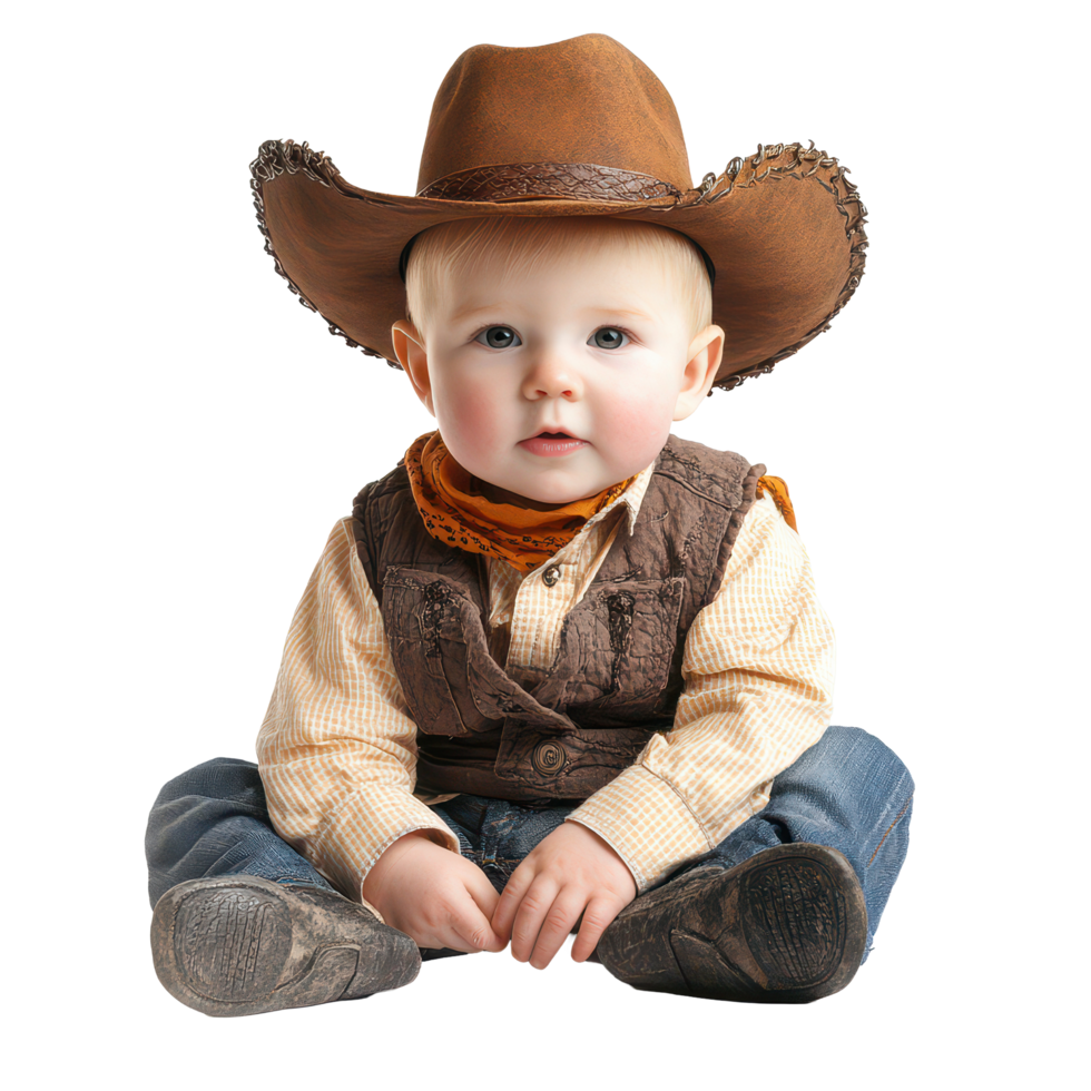 Adorable baby dressed as cowboy with a large hat, sitting against a transparent background, Baby kid dressed as cowboy isolated on transparent background png