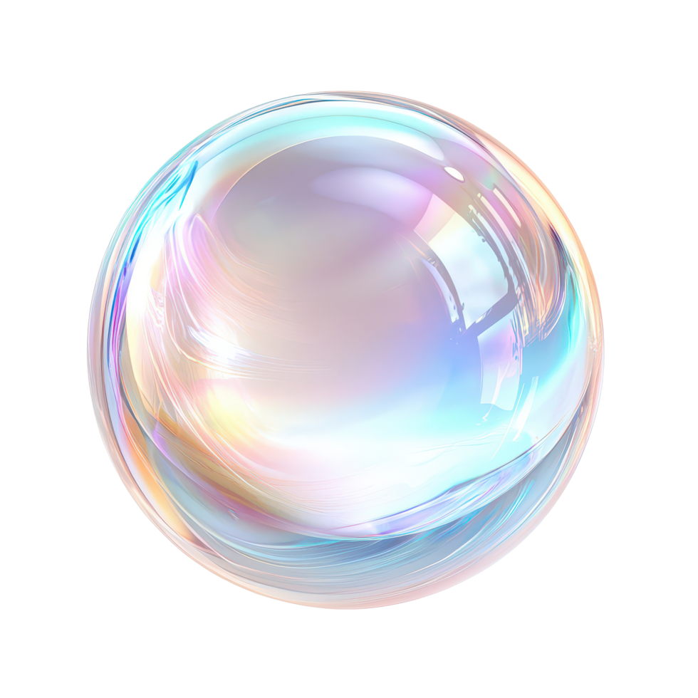 Delicate crystal glass bubble showcasing vibrant refractions and holographic effects against, 3d crystal glass bubble with refraction and holographic effect isolated on transparent background png