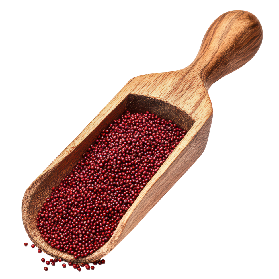 Amaranth seeds in wooden scoop showcased against a transparent background highlighting their rich red color, amaranth seeds on wooden scoop transparent png