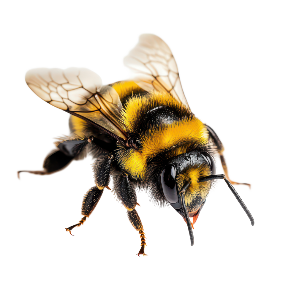A detailed close-up of a bee resting on a transparent background, showcasing its unique features and characteristics, bee on a transparent background abelha, transparent background. png