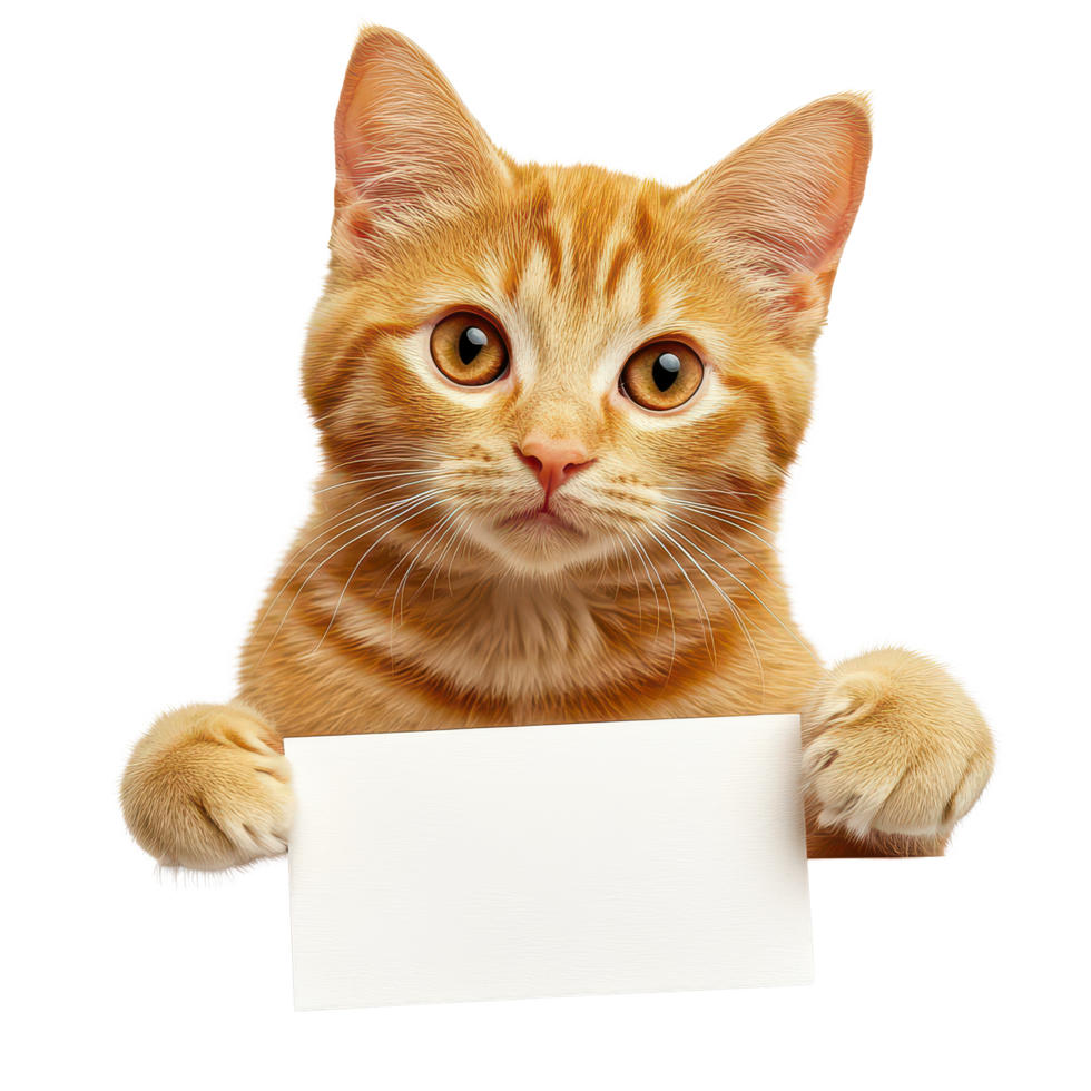 Adorable red cat poses with an empty card on a clean transparent background for a playful display, Adorable red cat with empty card on transparent background png