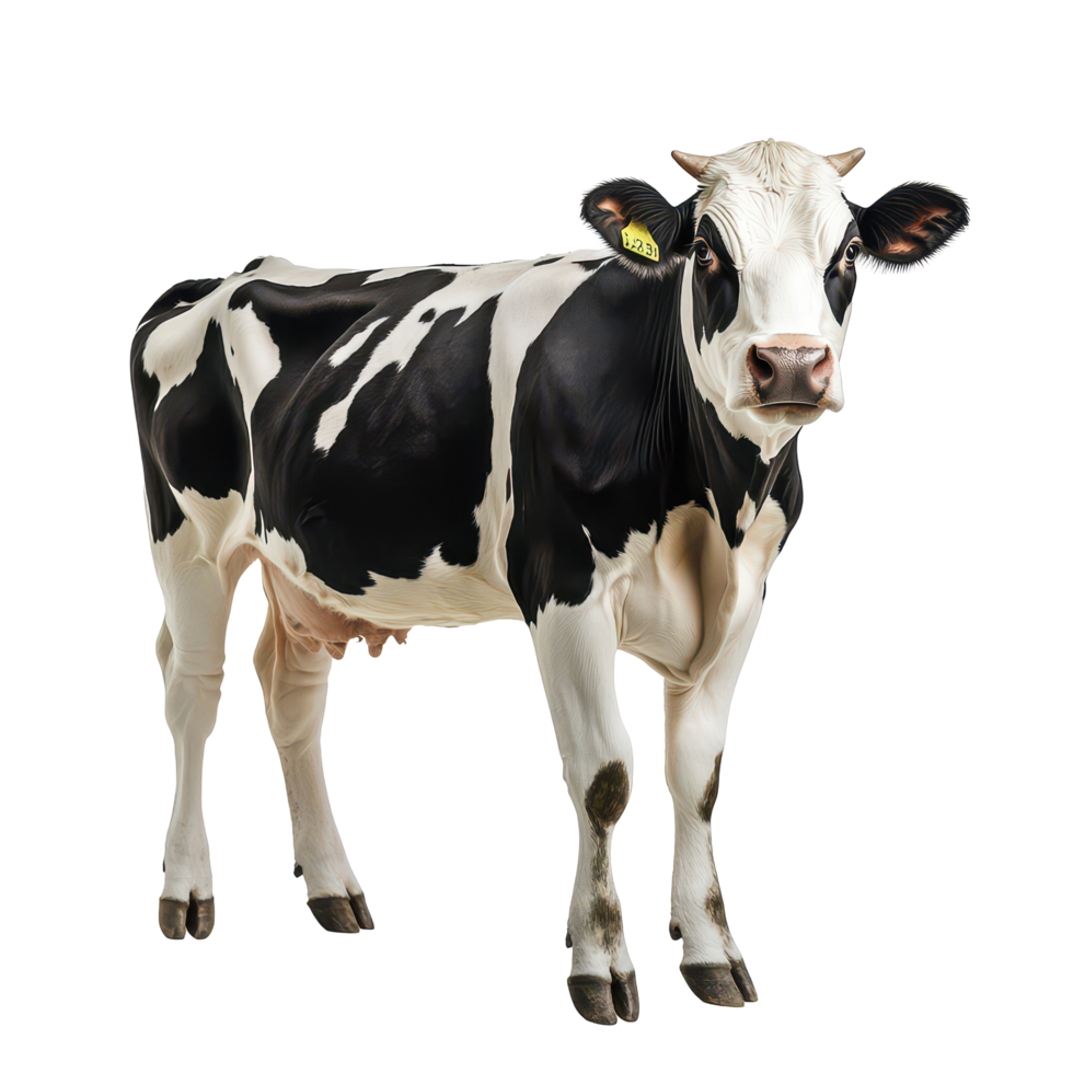 A black and cow stands isolated on a plain, emphasizing its distinct markings in a bright environment, a black and cow is standing on top isolated a transparent background png